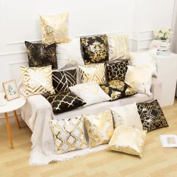 Capa de almofada decorativa - folhas douradas / padrão geométrico - 45cm * 45cm