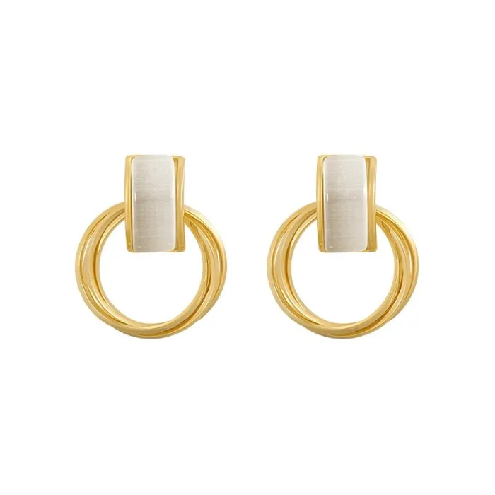 Elegant golden round earrings - with white opalEarrings