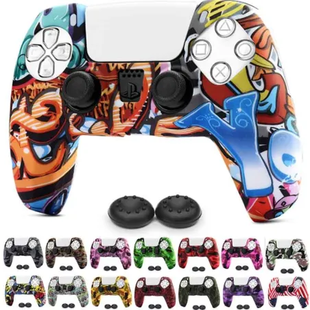Housse en silicone - pour manette Sony PS5 dualsense - avec 2 prises pour le pouce - impression colorée à l'eau