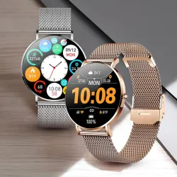 Elegant smartklokke - ultratynn - 1,36" - AMOLED - HD-skjerm - vanntett - nettingreim i rustfritt stål