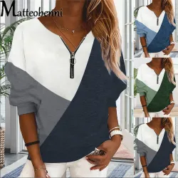 Maglia ampia classica - colori a contrasto - scollo a V con cerniera