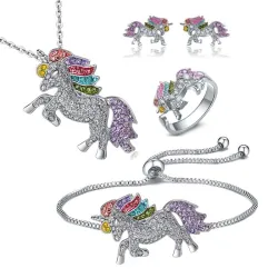 Set di gioielli con unicorno di cristallo - collana - bracciale - anello - orecchini