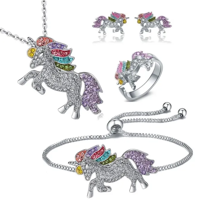Parure de bijoux avec licorne en cristal - collier - bracelet - bague - boucles d'oreilles