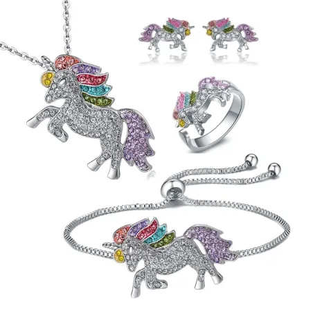 Parure de bijoux avec licorne en cristal - collier - bracelet - bague - boucles d'oreilles