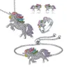 Parure de bijoux avec licorne en cristal - collier - bracelet - bague - boucles d'oreilles