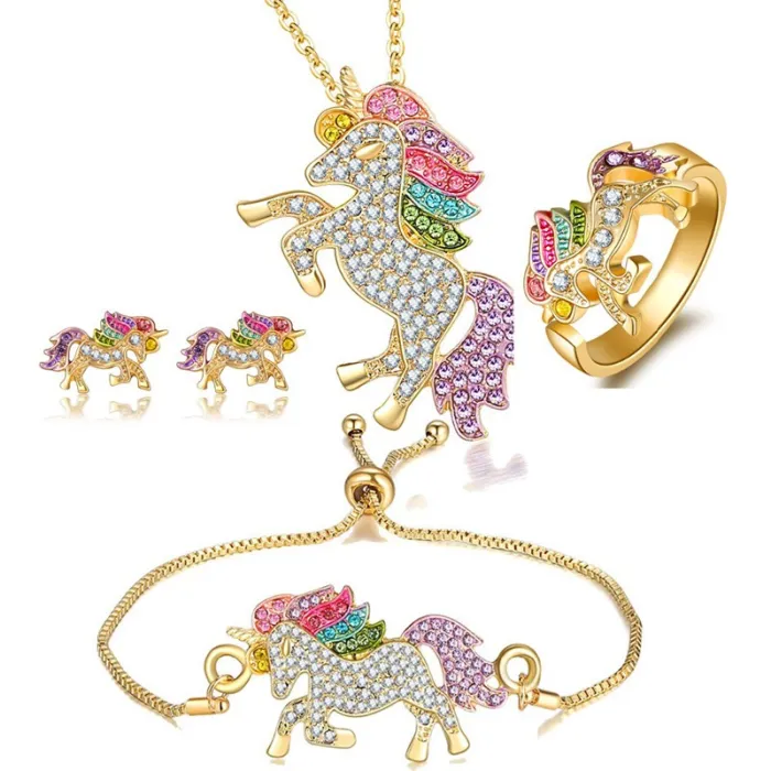 Parure de bijoux avec licorne en cristal - collier - bracelet - bague - boucles d'oreilles