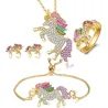 Parure de bijoux avec licorne en cristal - collier - bracelet - bague - boucles d'oreilles