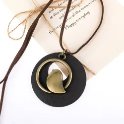 CollarColgante de madera con pájaro - collar de cuerda