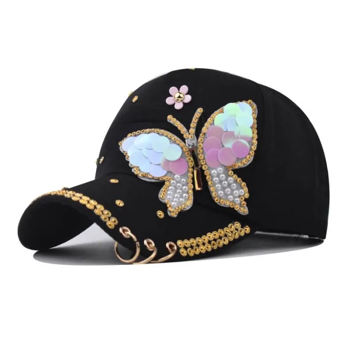 Fasjonabel baseballcap - krystaller - perler - paljetter - sommerfugl