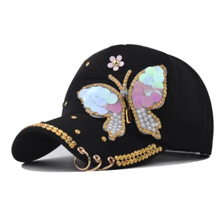 Berretto da baseball alla moda - cristalli - perle - paillettes - farfalla