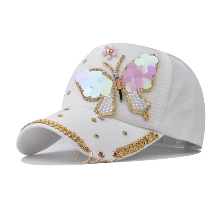 Fasjonabel baseballcap - krystaller - perler - paljetter - sommerfugl