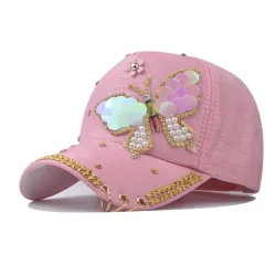 Fasjonabel baseballcap - krystaller - perler - paljetter - sommerfugl