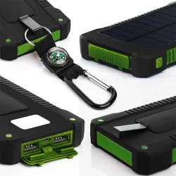 Solenergibank - dobbel USB - vanntett - med kompassnøkkelring - LED - 30000mAh