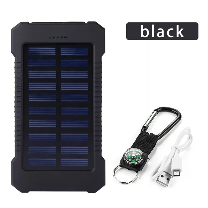 Aurinkosähköpankki - kaksi USB-liitäntää - vedenpitävä - kompassin avaimenperällä - LED - 30000mAh
