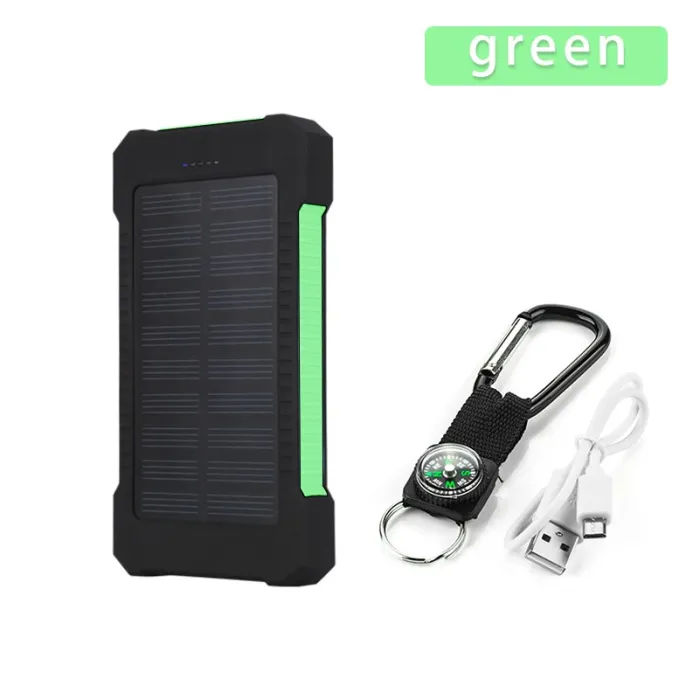 Aurinkosähköpankki - kaksi USB-liitäntää - vedenpitävä - kompassin avaimenperällä - LED - 30000mAh