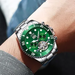 TEVISE - elegante relógio automático - aço inoxidável - impermeável - prateado / verde