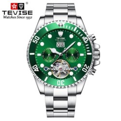 TEVISE - elegante relógio automático - aço inoxidável - impermeável - prateado / verde