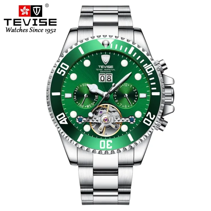 TEVISE – elegante Automatikuhr – Edelstahl – wasserdicht – silber/grün