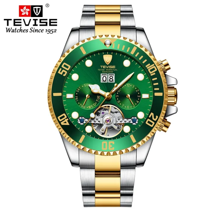 TEVISE – elegante Automatikuhr – Edelstahl – wasserdicht – gold/grün