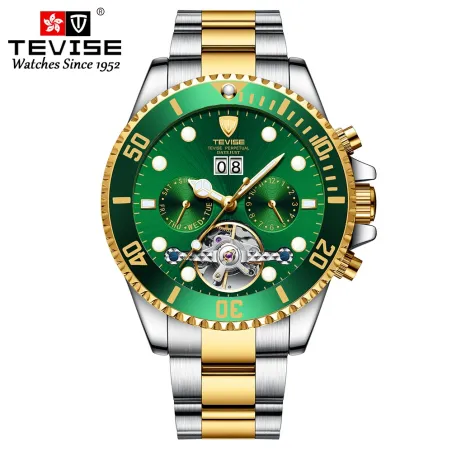 TEVISE – elegante Automatikuhr – Edelstahl – wasserdicht – gold/grün