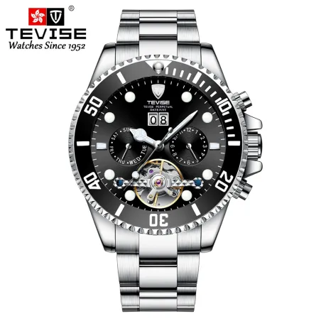RelojesTEVISE - elegante reloj automático - acero inoxidable - resistente al agua - plateado / negro