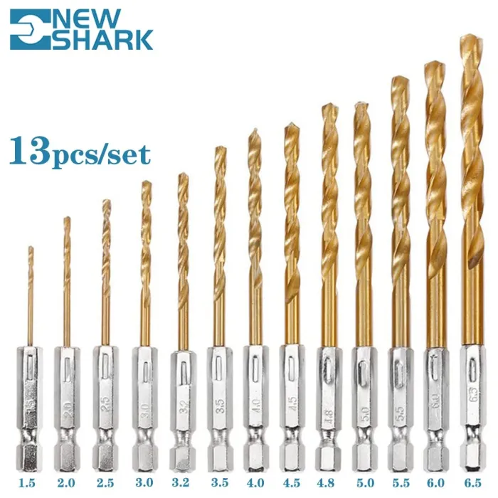 Zestaw wierteł spiralnych - trzpień sześciokątny HSS - pokryty tytanem - 1,5mm-6,5mm - 13 sztukBity i wiertła