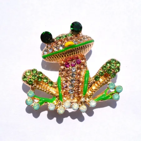 Grenouille en cristal coloré - broche dorée