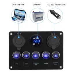 Vippbrytarpanel - vattentät digital voltmeter - för bil - båt - lastbil - 12V - USB - LED