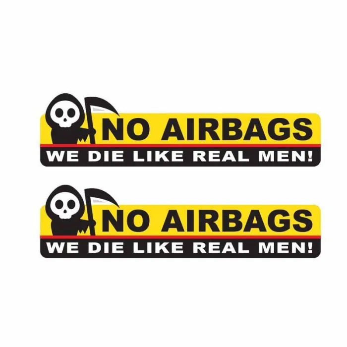 Morsomt bilklistremerke - skjeletthode / INGEN AIRPOSER VI DØR SOM EKTE MENN - 2 stk.
