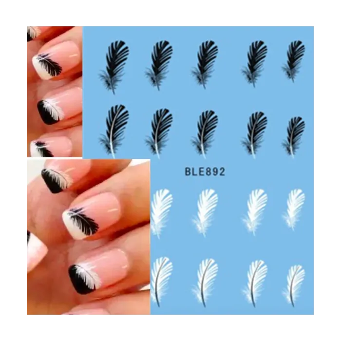 Svarte / hvite fjær - negleklistremerker - nail art - 20 stk