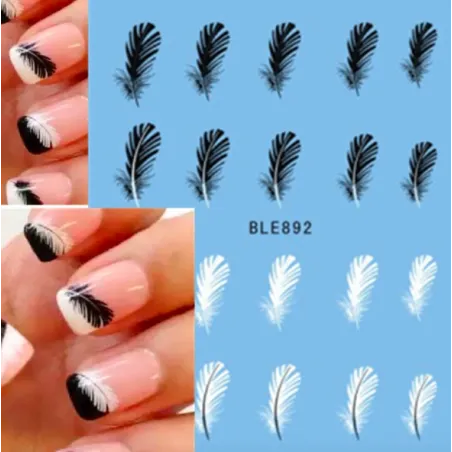 Svarte / hvite fjær - negleklistremerker - nail art - 20 stk
