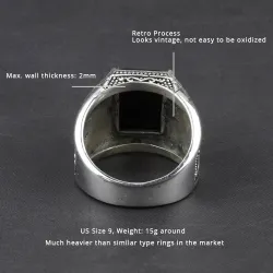 Retro signet for menn - med svart onyx stein - 925 sterling sølv