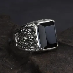 Retro signet for menn - med svart onyx stein - 925 sterling sølv