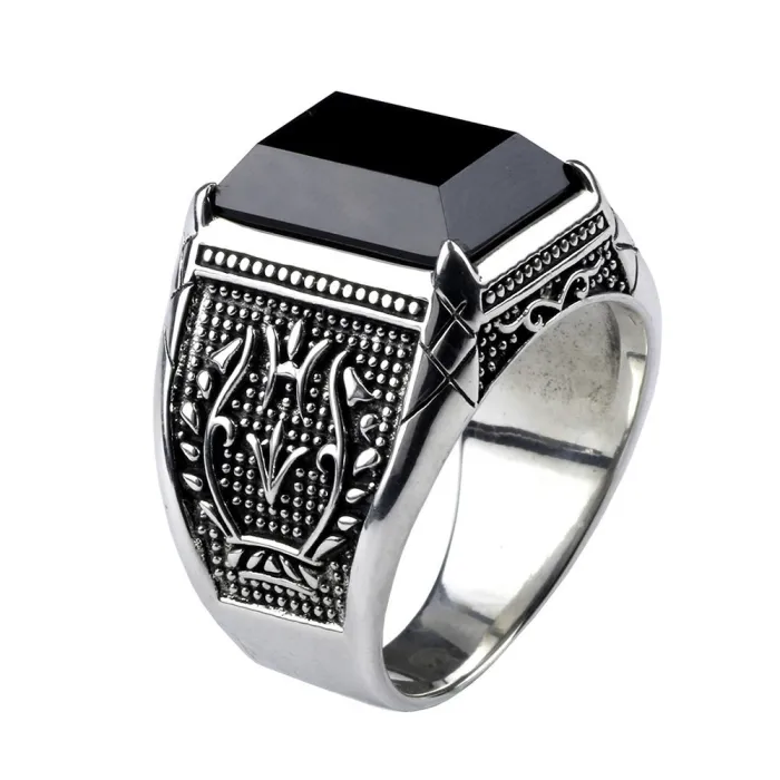 Retro signet for menn - med svart onyx stein - 925 sterling sølv