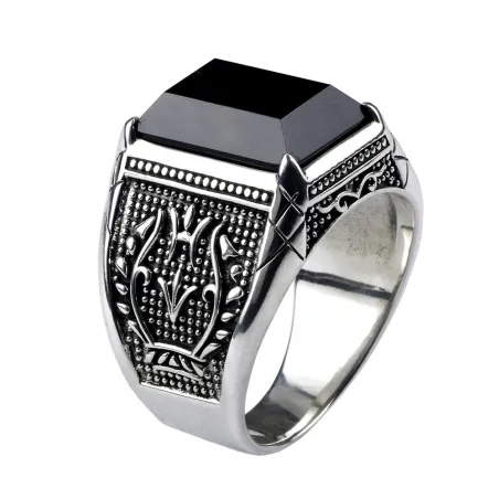 Retro signet for menn - med svart onyx stein - 925 sterling sølv