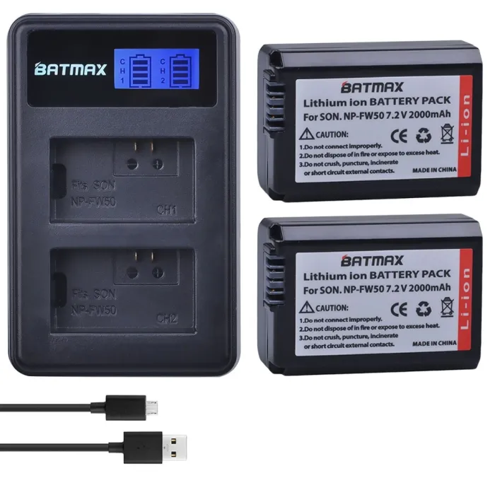 2000mAh NP-FW50 NP FW50 kameran akku - LCD USB-kaksoislaturi - Sony Alpha a6500 a6300 a6000 - 2 kpl
