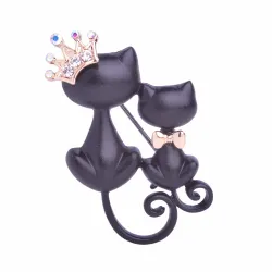 Chat mère et fille - couronne de cristal - broche