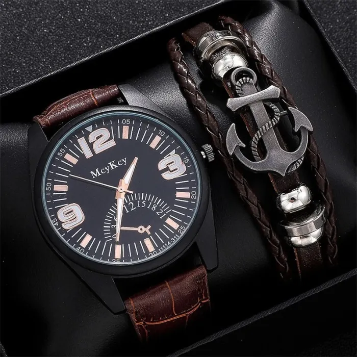 Montre à quartz à la mode - avec bracelet en cuir - ensemble