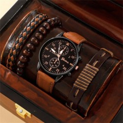 Luksus Quartz ur - med læderarmbånd - sæt