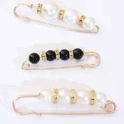 Broche élégante - épingle à nourrice - avec perles noires / blanches - 3 pièces