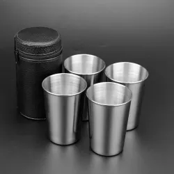 Gobelets de camping en acier inoxydable - avec sac de rangement - 180 ml - 4 pièces