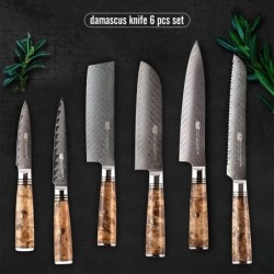 Set de couteaux Damas - lame tranchante - manche en bois - support magnétique - 6 pièces
