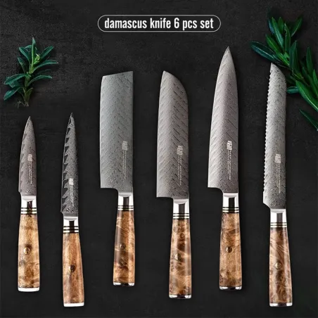Damaskus knivsett - skarpt blad - treskaft - magnetisk holder - 6 stk