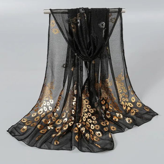 Elegant langt chiffon tørklæde - påfugl/fjer printet
