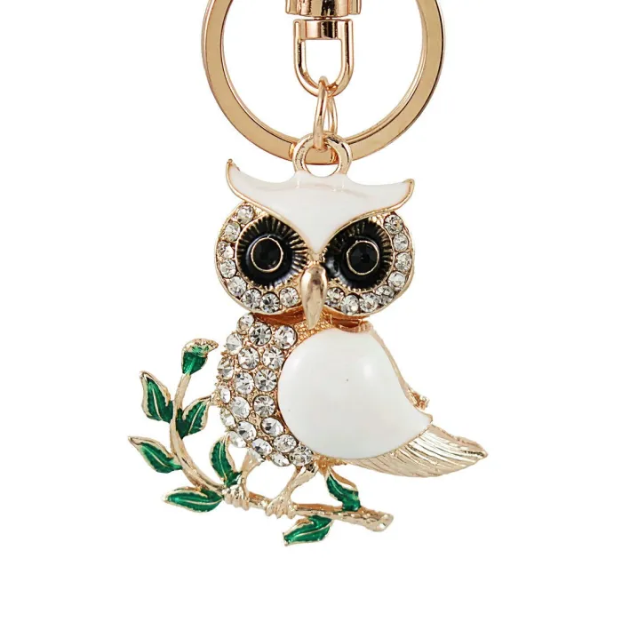 Sitting on the branch white crystal owl - keychainKeyrings