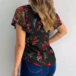 Elegancka bluzka siateczkowa - haftowane kwiaty/motylki - krótki rękawBluzki & Koszulki