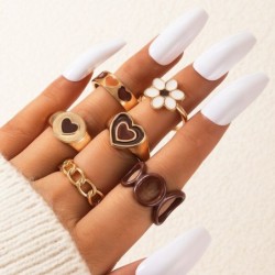 Anéis estilo retro - flores / corações marrons - 6 peças