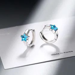 Round silver earrings with a blue crystal starEarrings