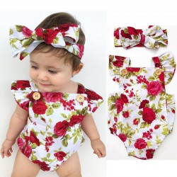 Macacão e tiara floral para bebé menina - conjunto de algodão - 2 peças