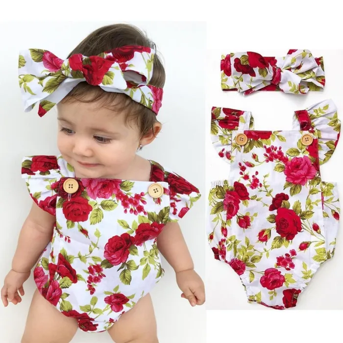 Macacão e tiara floral para bebé menina - conjunto de algodão - 2 peças
